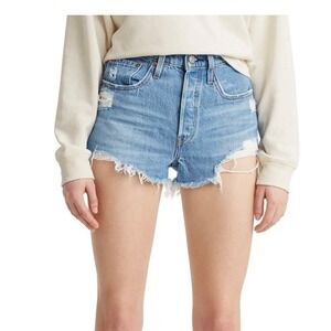Levis 501 Blue Denim Buttonfly Cut Off Distressed Jean Shorts Womens 25